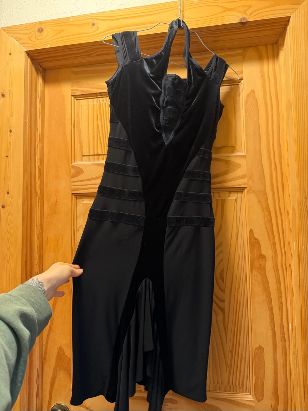 Black Velvet Panel Latin/Rhythm Dress with Nude Strappy Bodysuit